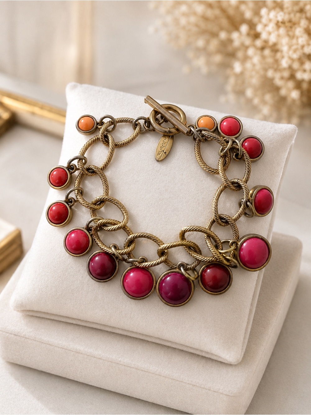 Talbots Gold Tone Coral Pink Charm Link Bracelet Statement Jewelry NWT